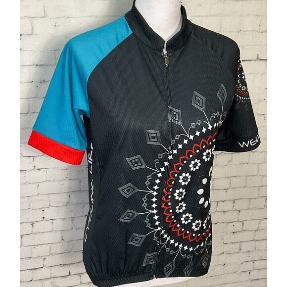 Weimostar Womens Blue Black Floral Cycling Jersey Full Zip Back Pouch Size L R1 - Picture 3 of 10